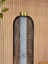 High Objects Lumina Mesh Column Table Lamp with black mesh shade and gold accents, modern sculptural lighting.