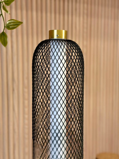 High Objects Lumina Mesh Column Table Lamp with black mesh shade and gold accents, modern sculptural lighting.