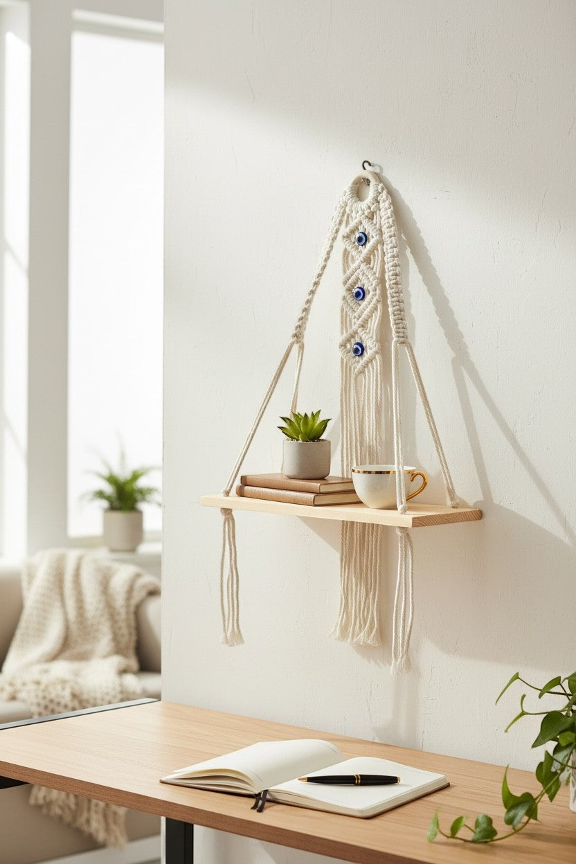 High Objects natural cream macramé hanging shelf with wooden board, blue evil eye details, holding books and a cup.
