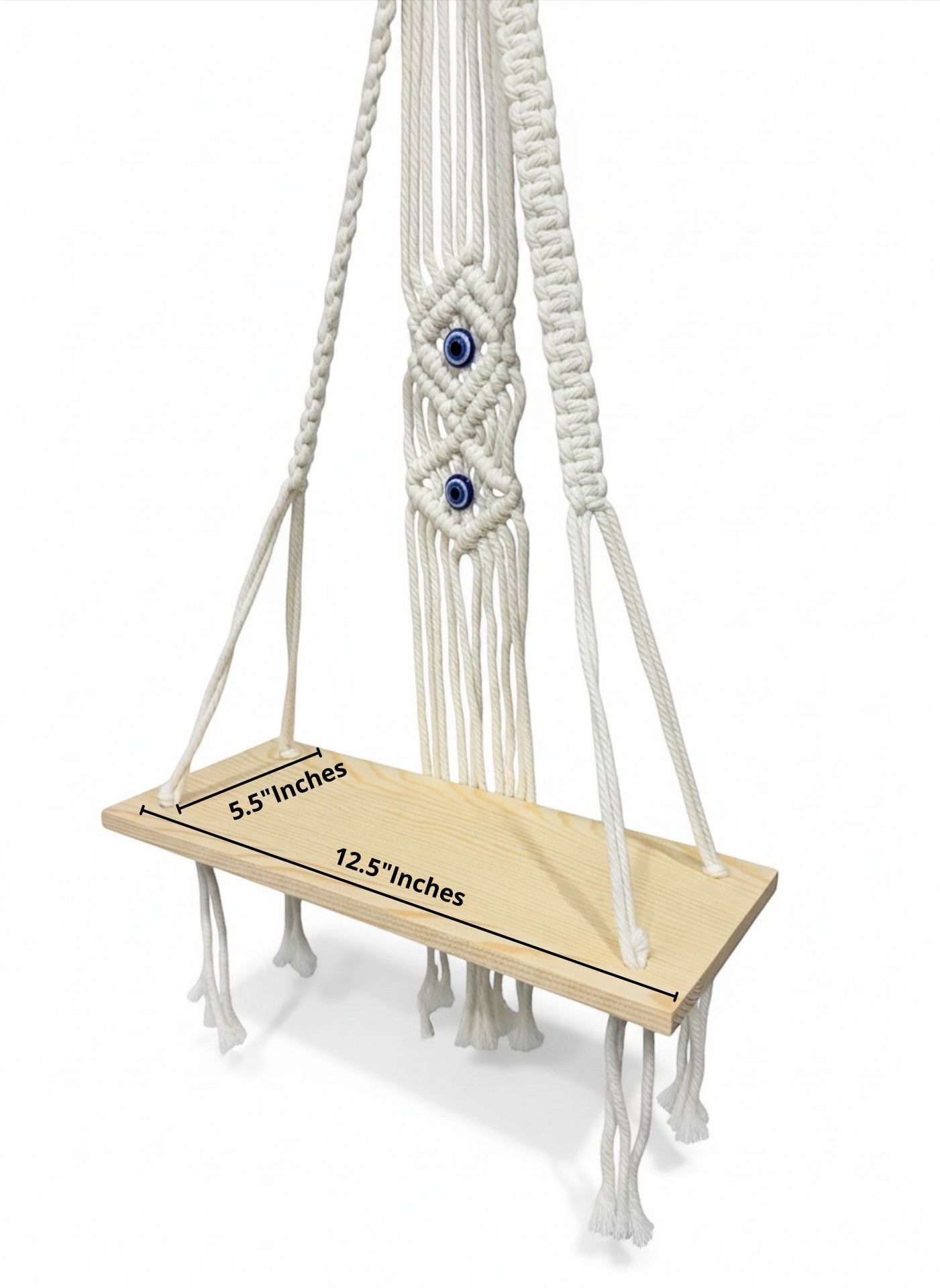 High Objects Zen Series macramé hanging shelf with natural wood board and cream cotton rope, featuring evil eye detail.