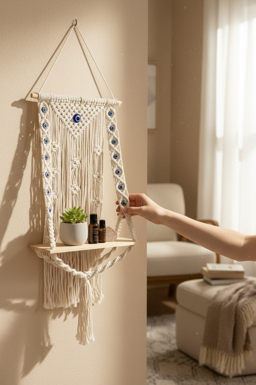High Objects NazarGuard Boho Macrame Shelf with blue evil eye details, cotton ropes, and wooden shelf holding a plant and bottles.
