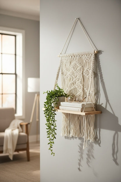 High Objects cream macramé shelf with diamond and chevron weaves, natural wood base, holding books and glasses.