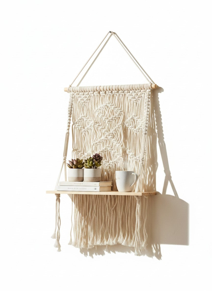 High Objects cream macramé wall shelf with wood base, featuring diamond and chevron weaves, holding books and plants.