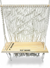 High Objects Serene Nook macramé shelf with diamond and chevron weaves in cream cotton rope and natural wood.