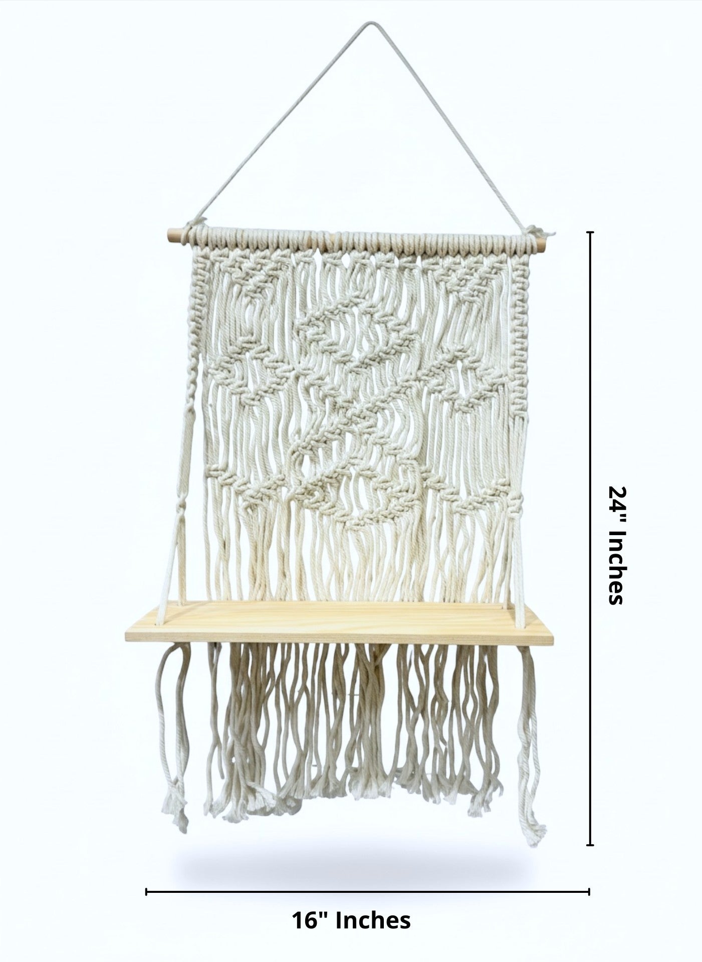 High Objects cream macramé shelf with diamond and chevron weaves, natural wood base, and hanging rope. 24" H x 16" W.