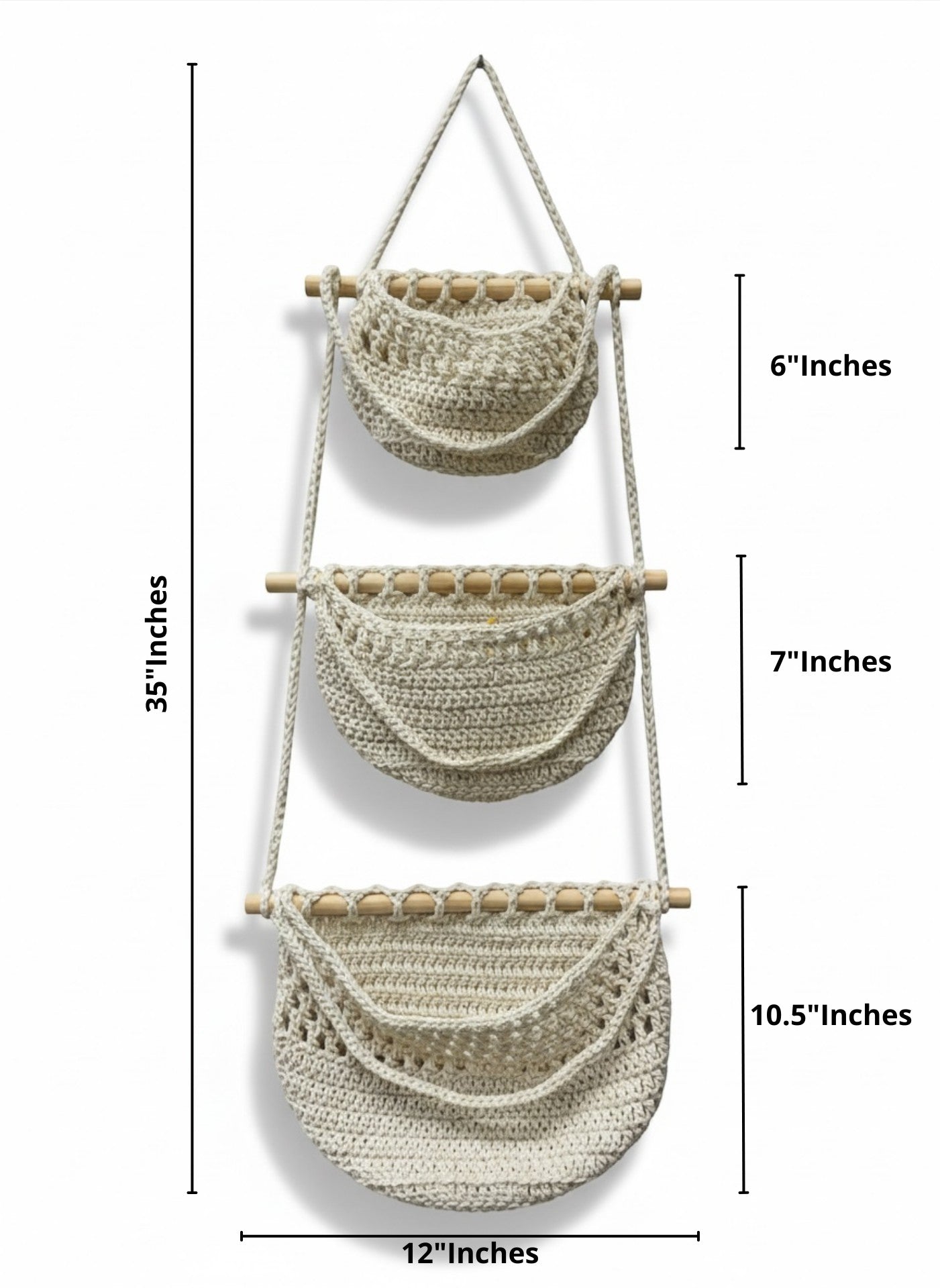 High Objects cream macrame wall hanging with three pockets and wooden dowels. Boho-style storage for plants or decor.