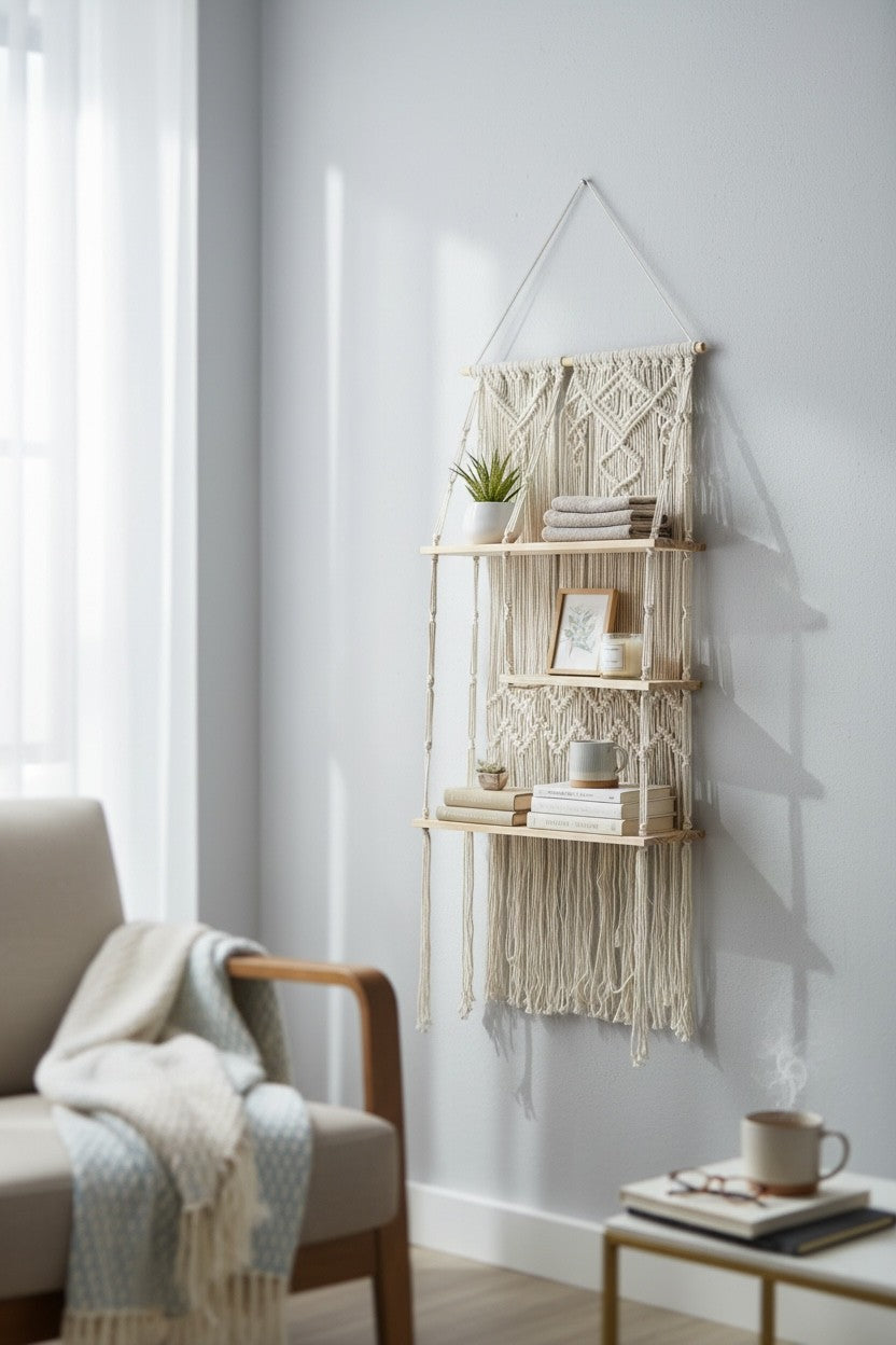 High Objects BohoNest macrame wall shelf with natural wood shelves, cream cotton ropes, and bohemian design. Holds plants, books, and decor.