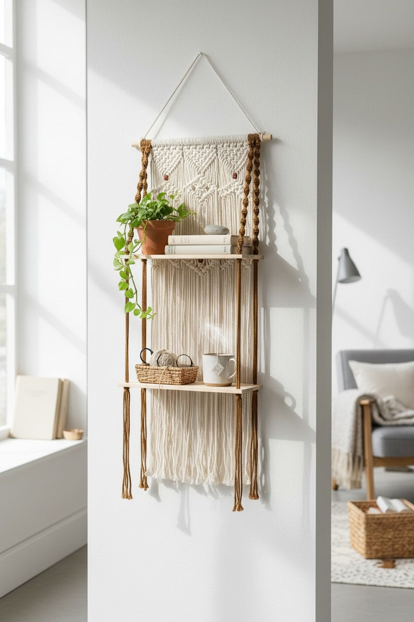 High Objects Ethereal Collection macrame wall shelf with two wooden shelves, cream cotton rope, and brown wood accents. Holds plant, books, basket, and mug.