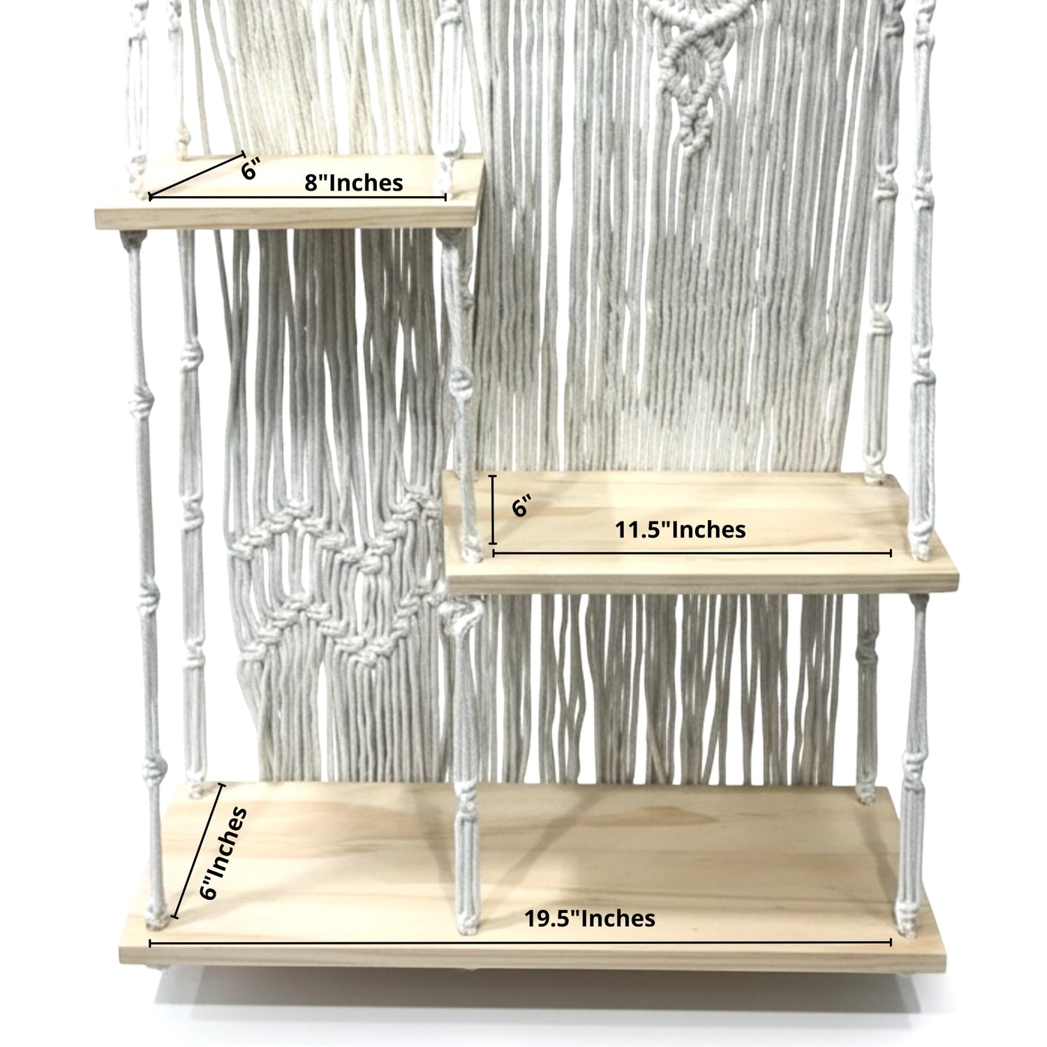 High Objects BohoNest macrame wall shelf with 3 natural wood shelves and white cotton ropes. Perfect for boho decor.