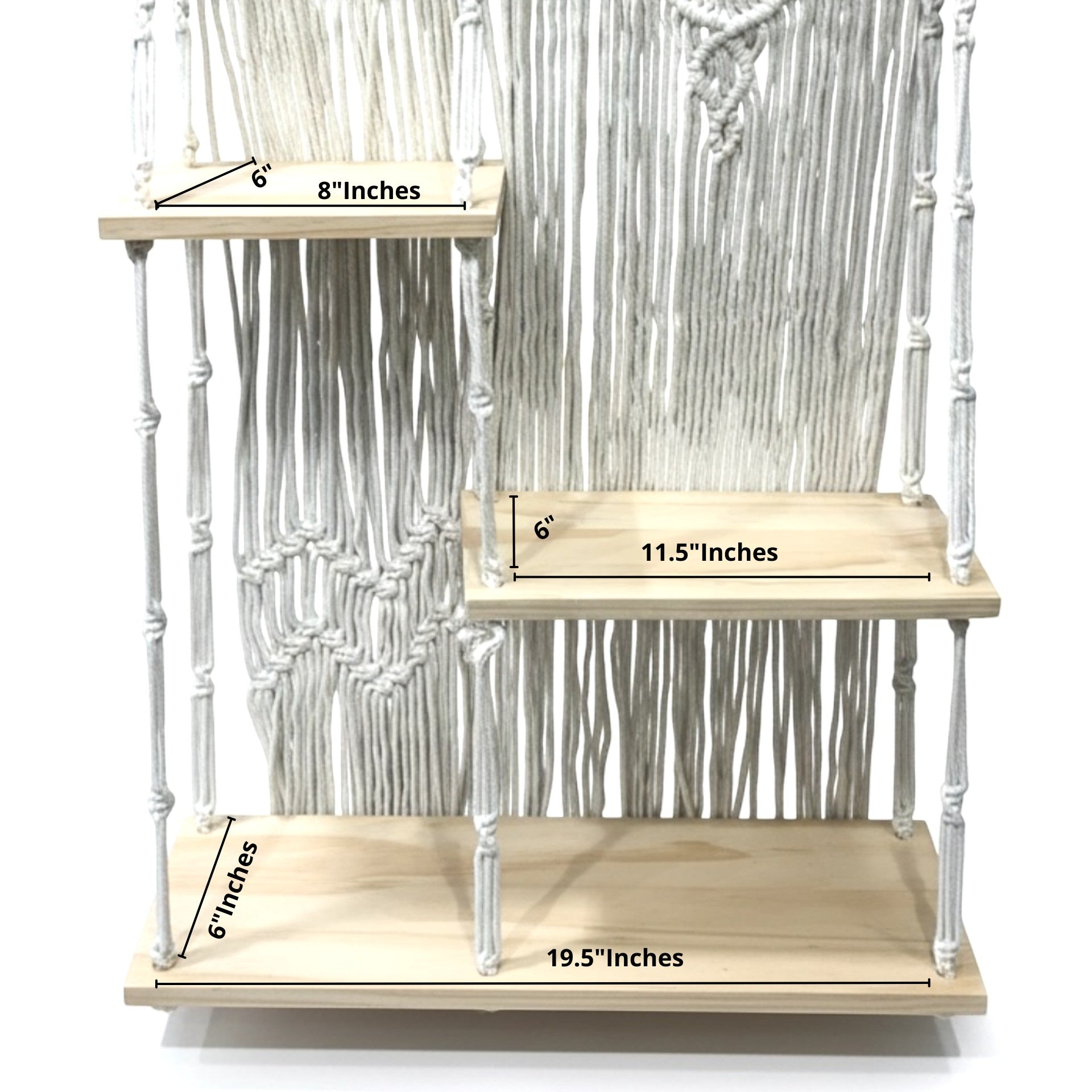 High Objects BohoNest macrame wall shelf with 3 natural wood shelves and white cotton ropes. Perfect for boho decor.