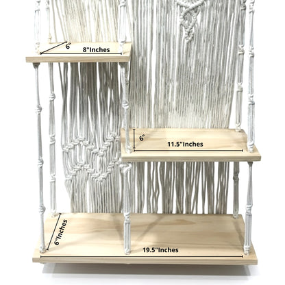 High Objects BohoNest macrame wall shelf with 3 natural wood shelves and white cotton ropes. Perfect for boho decor.