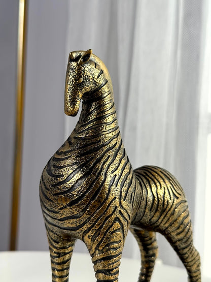 High Objects Majesty Horse showpiece, 8-inch gold and black zebra-striped polyresin sculpture.
