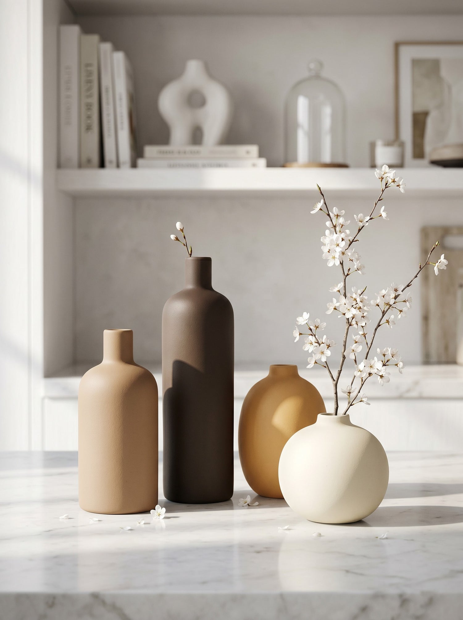 Set of four matte ceramic vases in brown, dark brown, tan, and cream by High Objects.