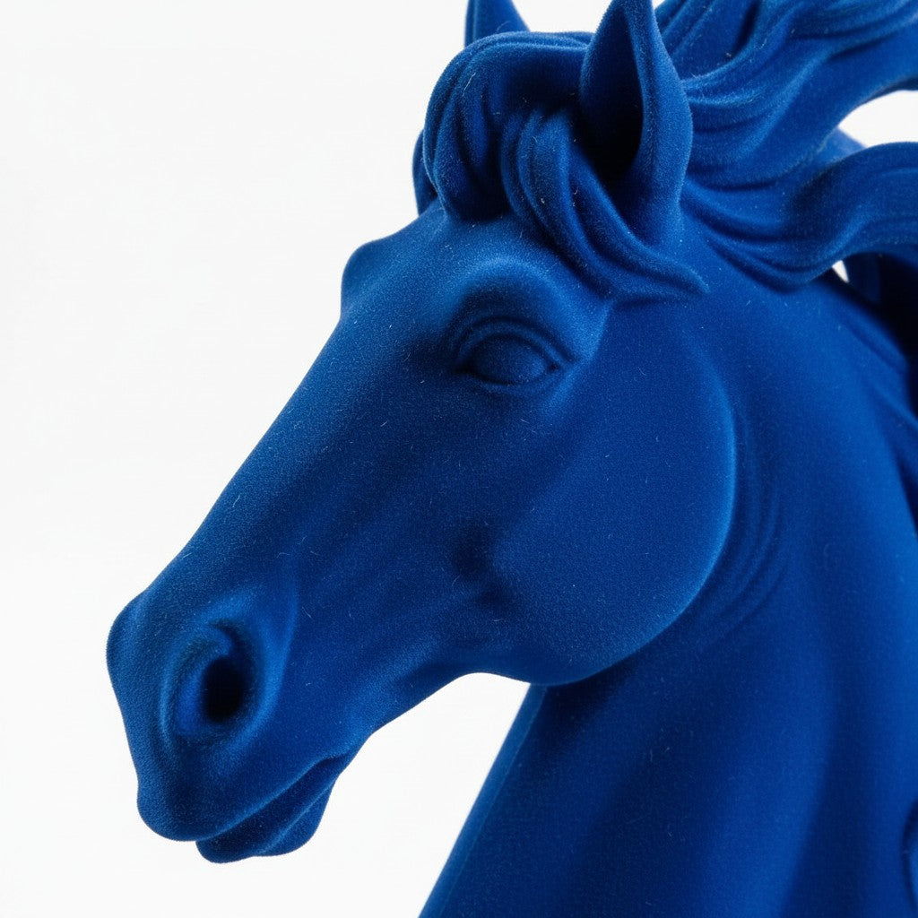 High Objects Midnight Majesty Horse Bust Showpiece in deep blue velvet finish, with flowing mane and pedestal base.