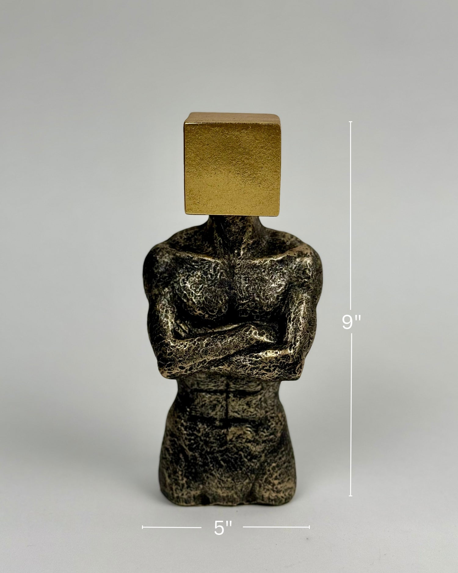 High Objects Mind in Form Showpiece, textured polyresin torso with crossed arms and gold cube head. Modern abstract sculpture.