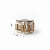 High Objects modern coffee table with woven base and wooden top, includes 4 stools. Neutral throw blanket draped on top.
