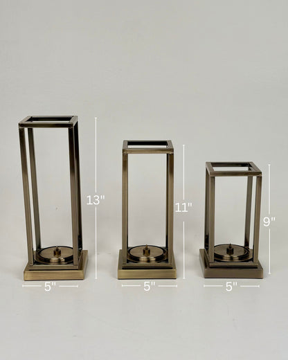 High Objects Modern Halo Frame Candle Stand Set, antique brass metal, set of 3 varying heights, minimalist design