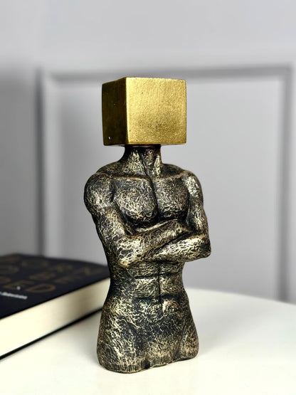 High Objects modern polyresin sculpture of a muscular torso with a gold cube head, textured finish.