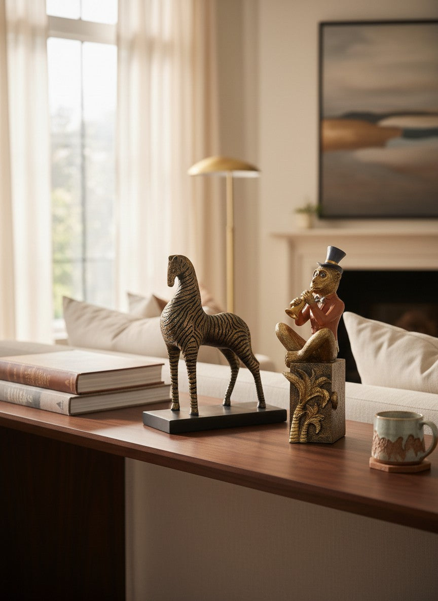 High Objects Golden Serenade Monkey and Majesty Horse showpieces. Monkey wears a top hat and plays a trumpet.