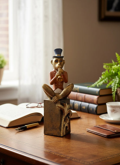 High Objects Golden Serenade Monkey showpiece with top hat playing trumpet, sitting on a decorative pedestal.
