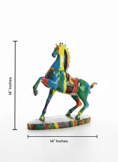 High Objects vibrant multicoloured abstract horse sculpture with a glossy finish, displayed on a shelf.