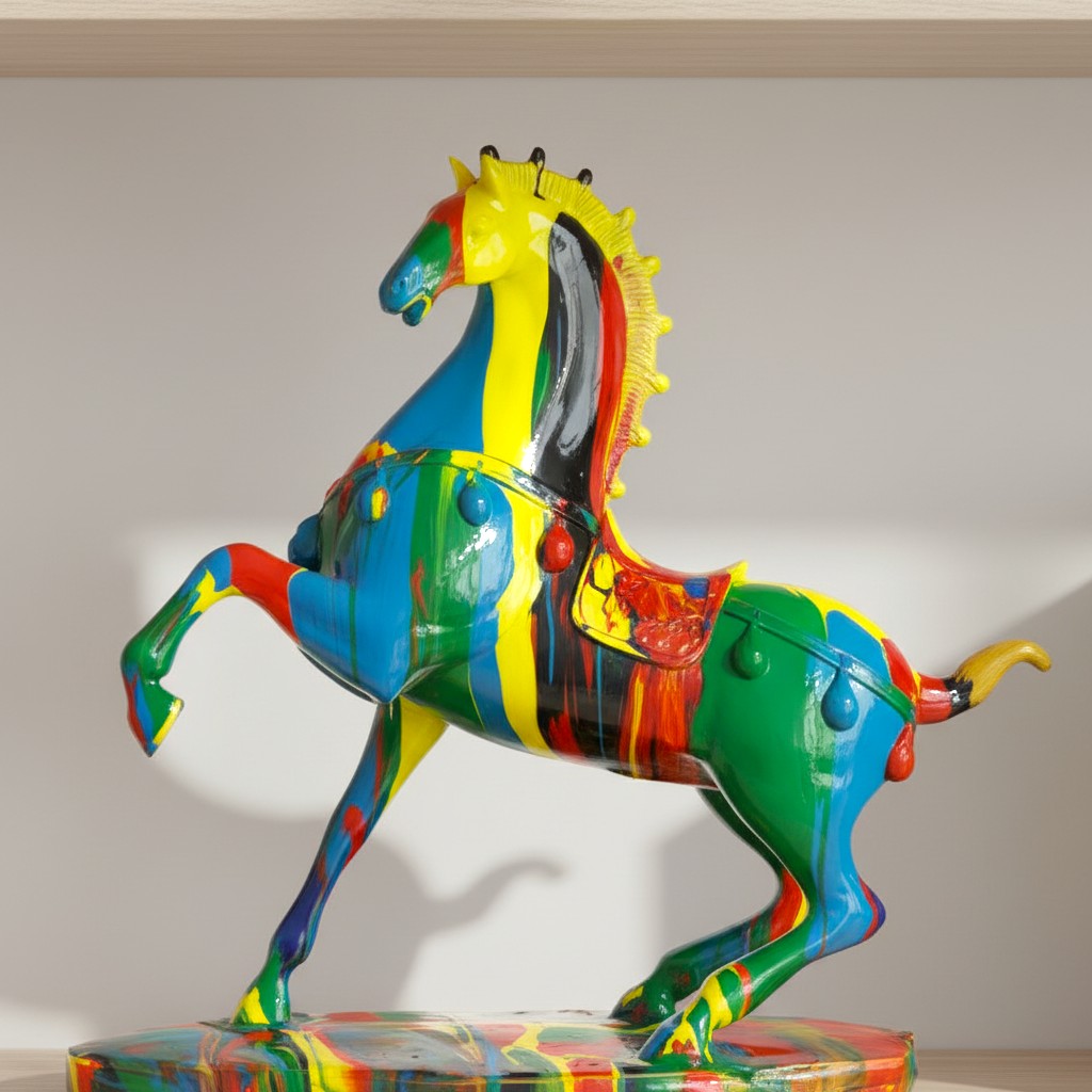 High Objects vibrant multicoloured abstract horse sculpture with a glossy finish, displayed on a shelf.