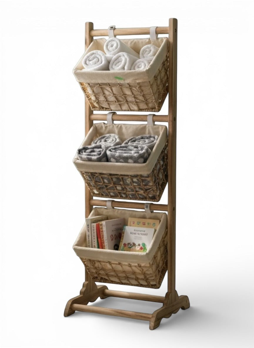 High Objects Natural Wooden 3-Tier Basket Storage Organizer with woven baskets holding towels and books.
