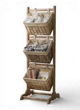 High Objects Natural Wooden 3-Tier Basket Storage Organizer with woven baskets holding towels and books.