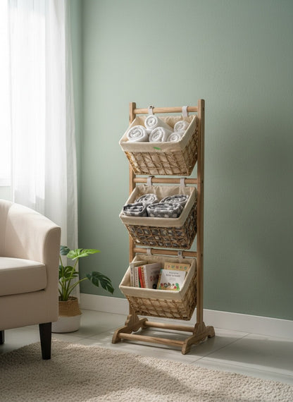High Objects Natural Wooden 3-Tier Basket Storage Organizer with woven baskets holding towels, blankets, and books.