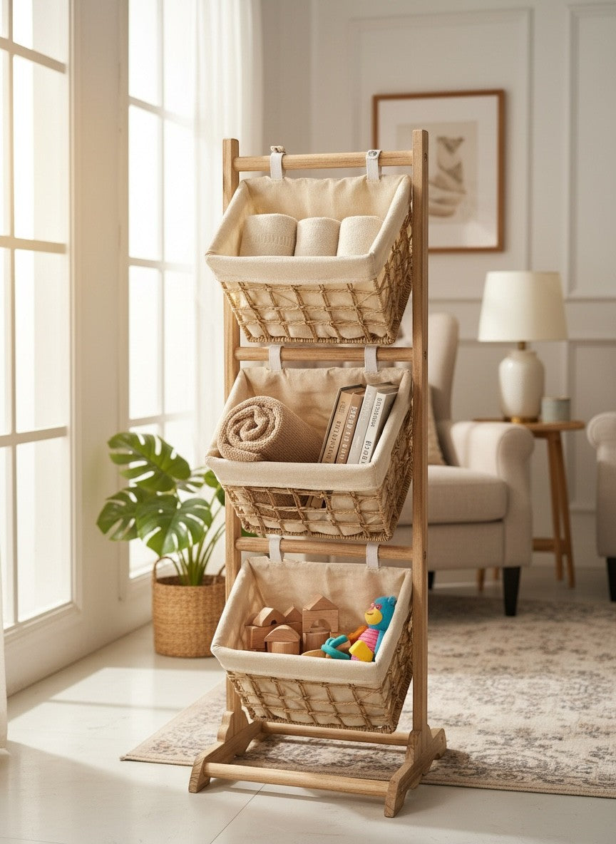 High Objects Natural Wooden 3-Tier Basket Storage Organizer with woven baskets for towels, books, toys, and clothes.