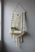 High Objects NazarGuard Boho Macrame Shelf with blue evil eye details, cotton ropes, and wooden shelf holding books and a plant.