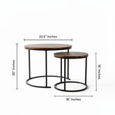 High Objects modern nesting coffee table set with round wooden tops and black metal frames. Includes two sizes for versatile use.