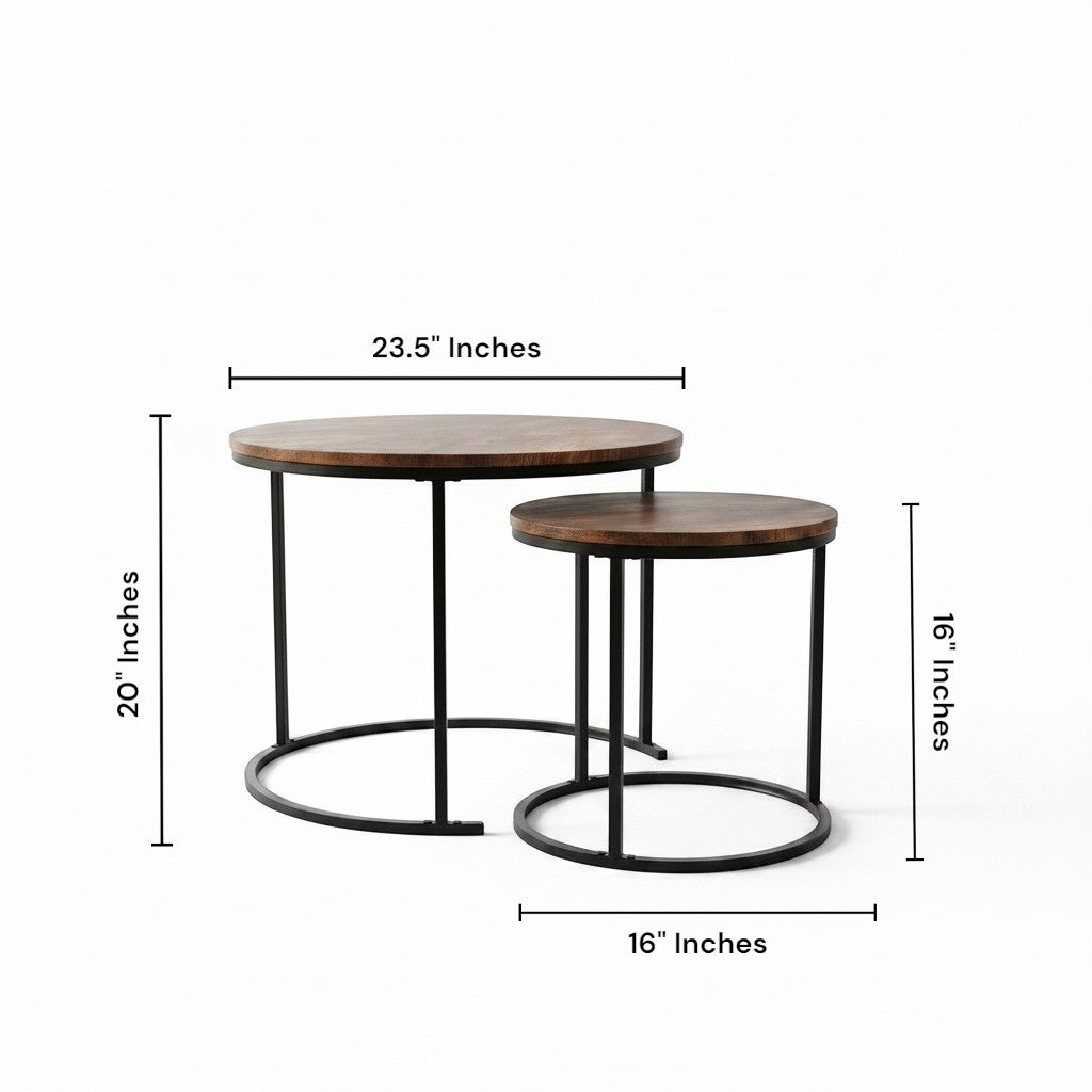 High Objects modern nesting coffee table set with round wooden tops and black metal frames. Includes two sizes for versatile use.