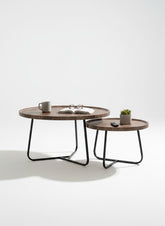 High Objects modern round nesting coffee table set with wooden tops and black metal legs, perfect for living rooms.