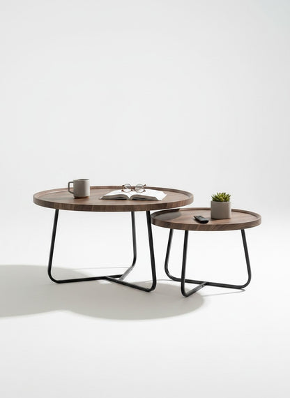 High Objects modern round nesting coffee table set with wooden tops and black metal legs, perfect for living rooms.