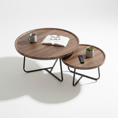 High Objects modern round nesting coffee table set with wooden tops and black metal legs. Includes two sizes for flexible arrangement.