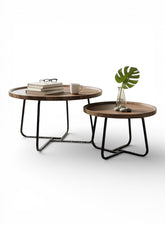 High Objects modern round nesting coffee table set with wooden tops and black metal legs. Includes two sizes for flexible arrangement.