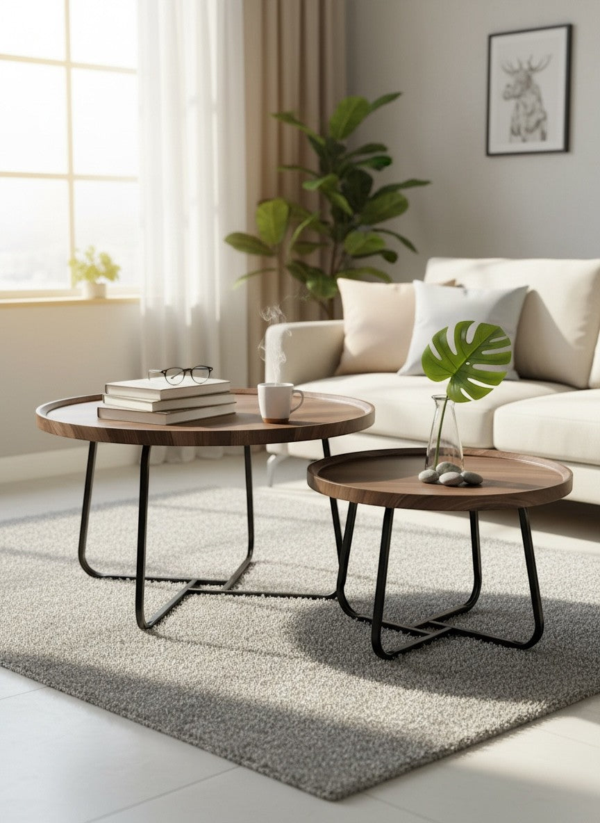 High Objects modern round nesting coffee table set with wooden tops and black metal legs. Two sizes for flexible arrangement.