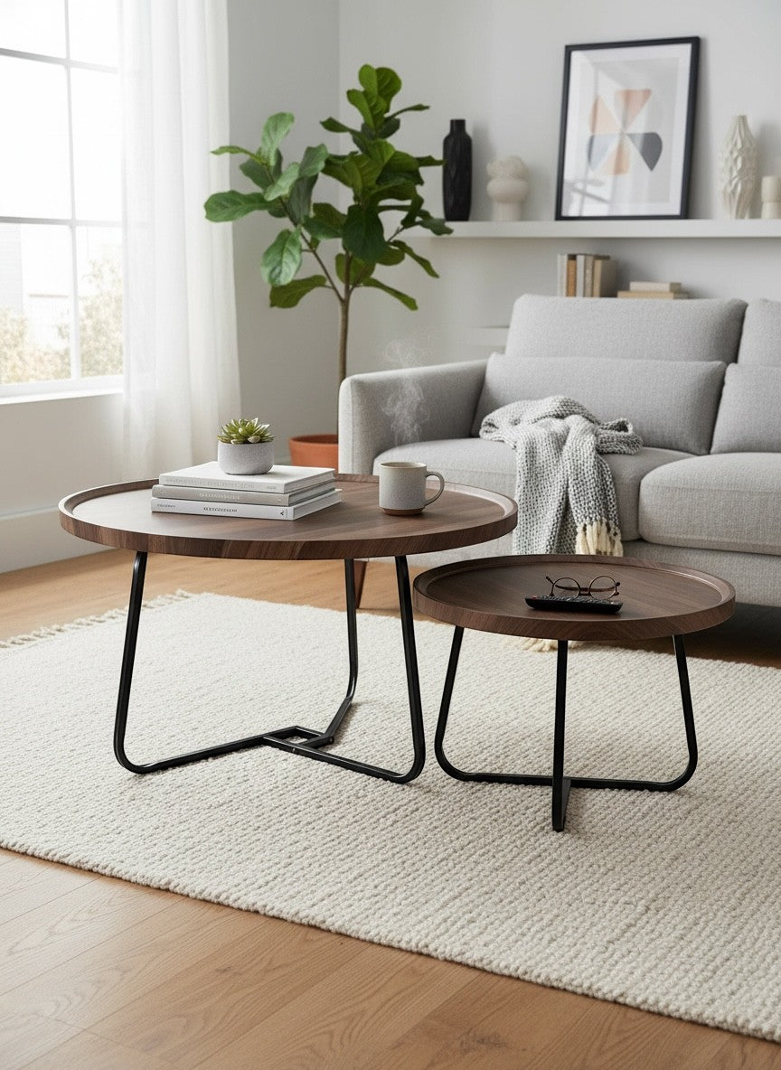 High Objects modern round nesting coffee table set with wooden tops and black metal legs, shown in a living room.