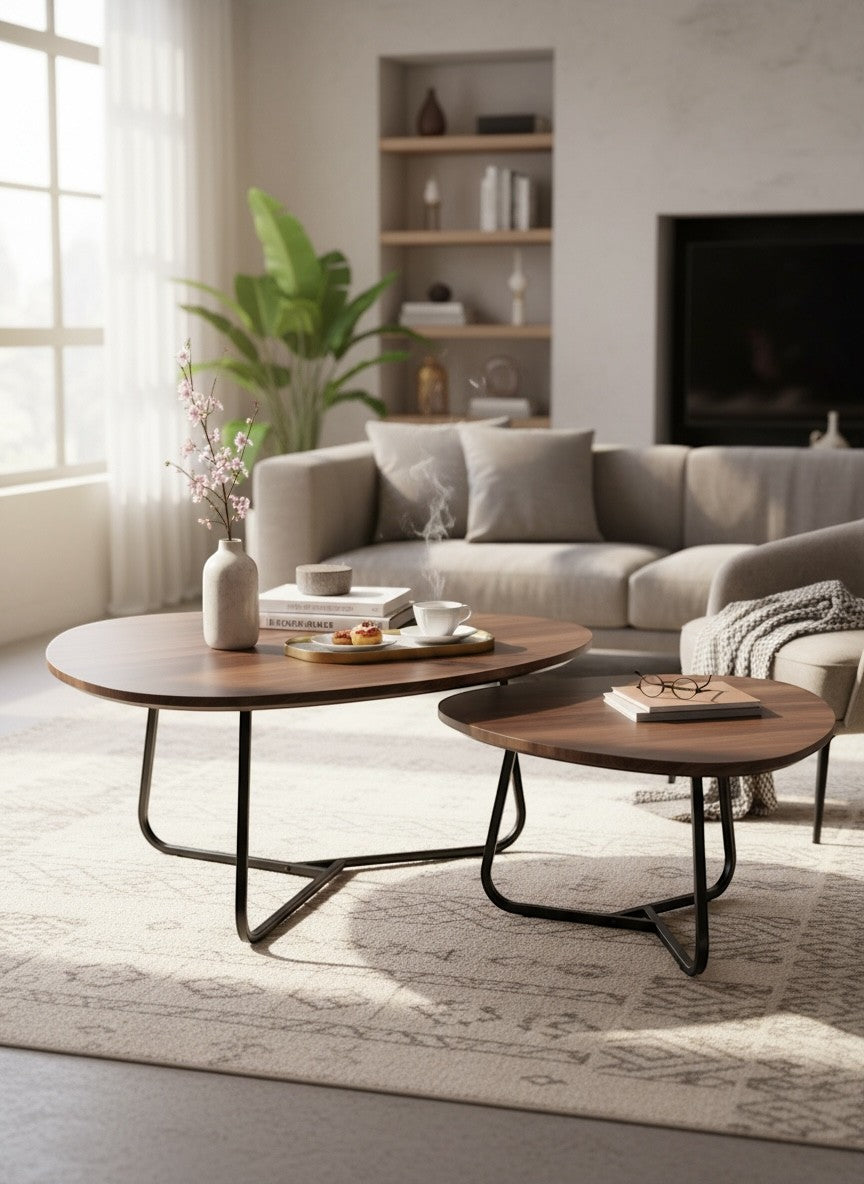 High Objects modern round nesting coffee table set with dark wood tops and black metal bases. One table holds a tray with pastries and coffee.