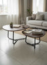 High Objects modern round nesting coffee tables with dark wood tops and black metal bases. Set of 2.
