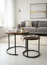 High Objects modern nesting coffee table set with round wooden tops and black metal frames. One table holds books and a plant, the other a tablet and glasses.
