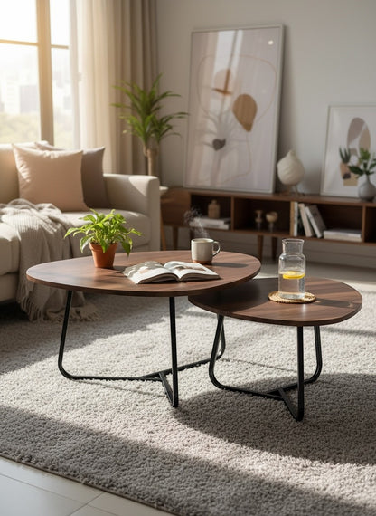 High Objects modern round nesting tables with dark wood tops and black metal bases. Set of 2.