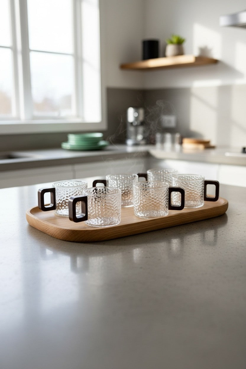 High Objects NEXIS™ set of 6 clear glass cups with textured finish and dark square handles on wooden tray.