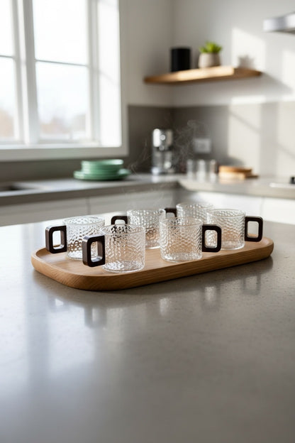 High Objects NEXIS™ set of 6 clear glass cups with textured finish and dark square handles on wooden tray.