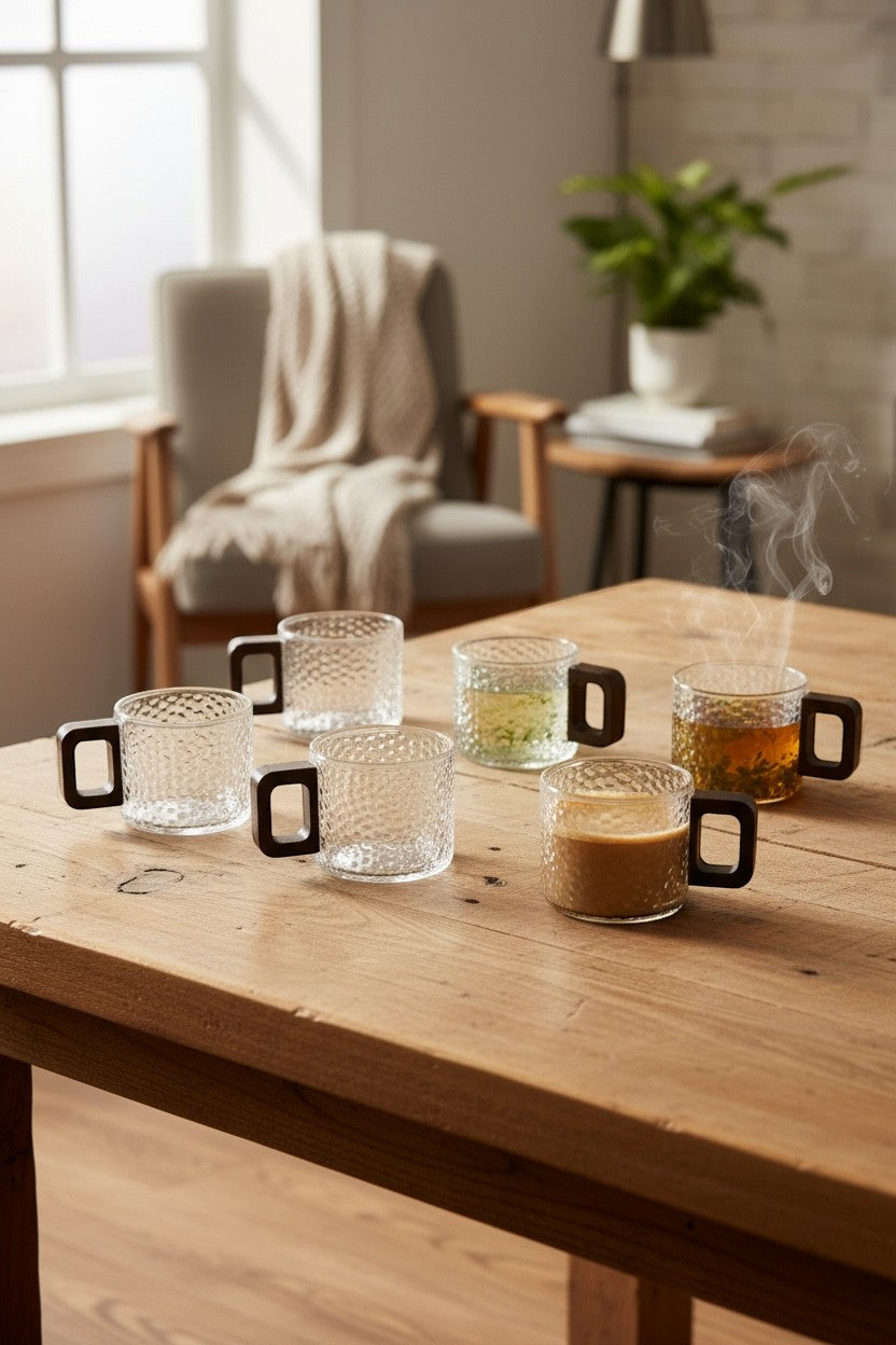 High Objects NEXIS glass cups with textured finish and square handles, set of 6. Some filled with coffee and tea.