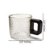 High Objects NEXIS glass cup with textured finish and dark wood square handle. Set of 6.