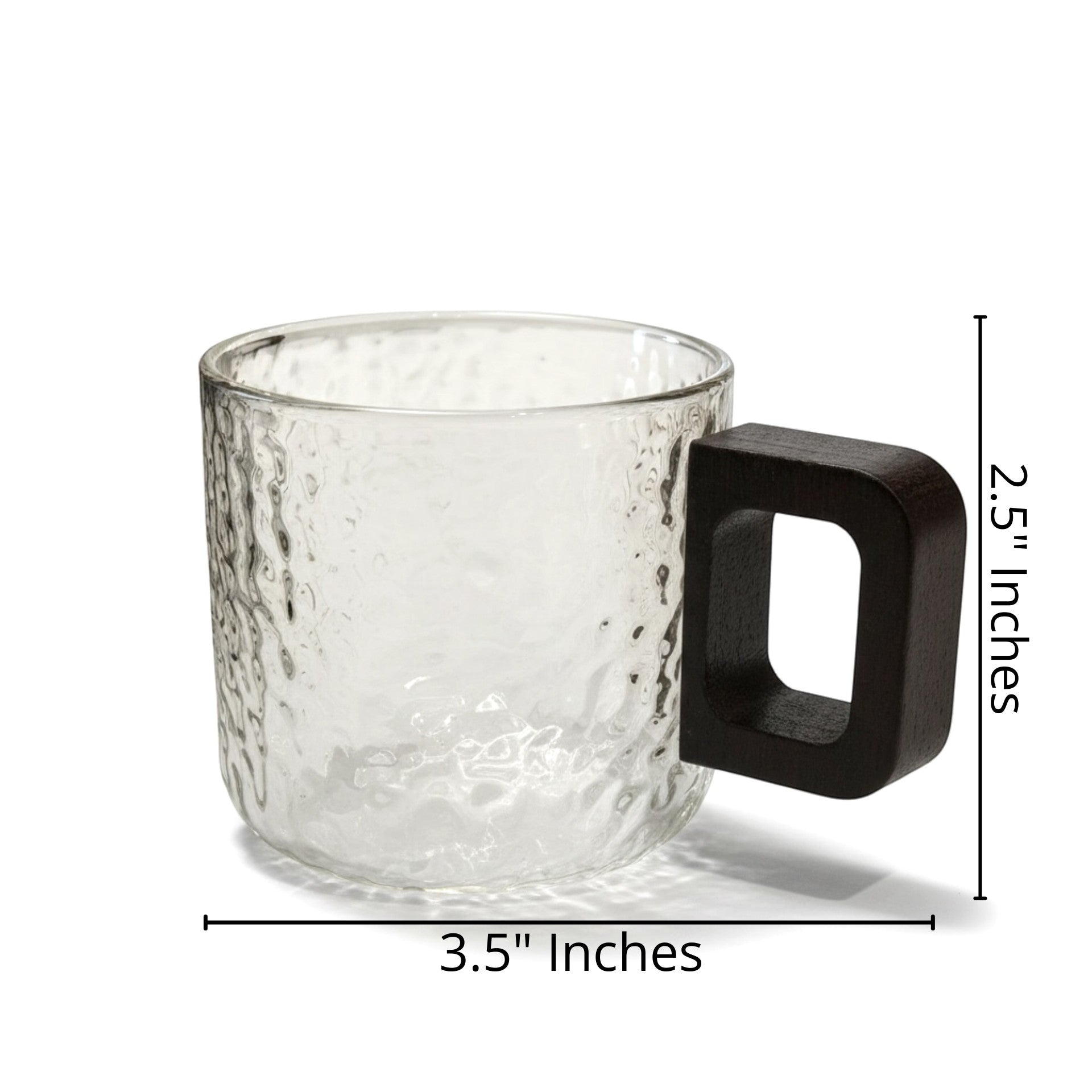 High Objects NEXIS glass cup with textured finish and dark wood square handle. Set of 6.