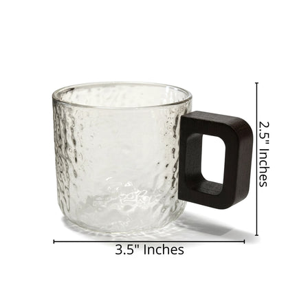 High Objects NEXIS glass cup with textured finish and dark wood square handle. Set of 6.
