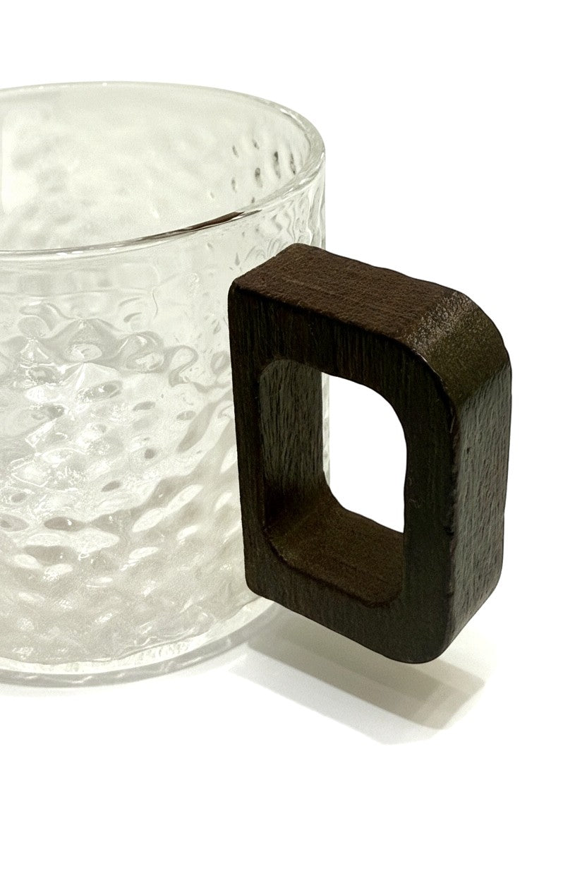 High Objects NEXIS glass cup with textured surface and dark square handle. Set of 6.